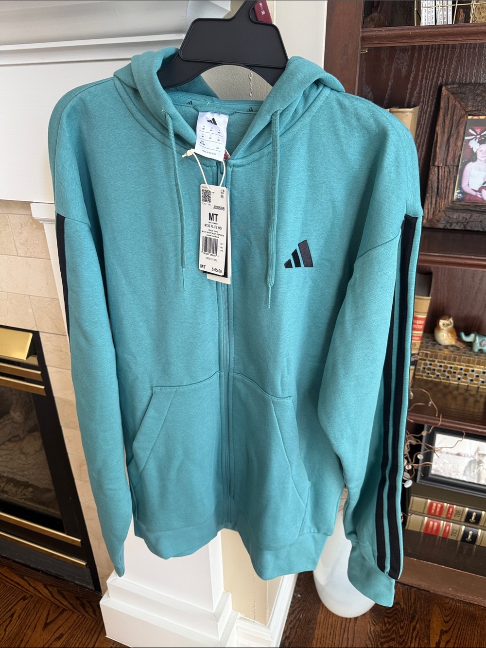 adidas Men's Teal Full-Zip Hoodie with Black Stripe MT medium tall